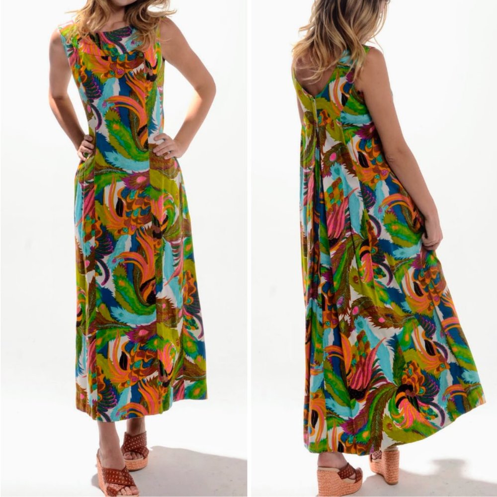 Vintage 60s Tori Richard Honolulu Vibrant Color Psychedelic Feathers Print Dress